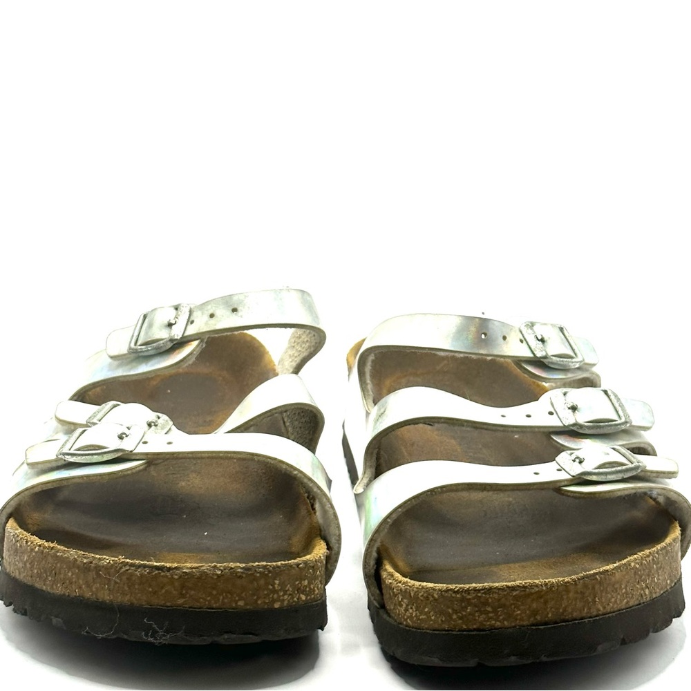 Birkenstock Florida Soft Footbed, Metallic Silver Straps. EU 38 US 7 - 7 1/2